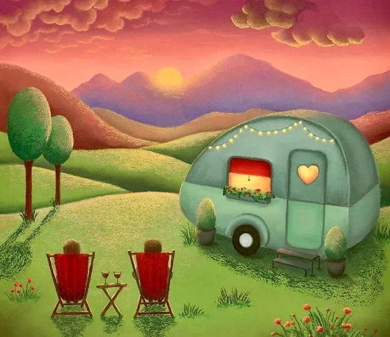 Caravan met bergen groen